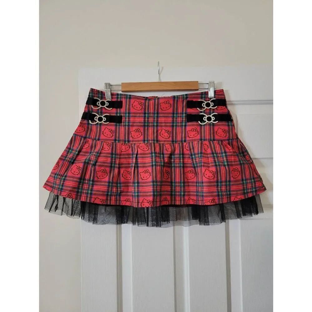 Dolls Kill x Hello Kitty Good For Each Other Plaid Pleated Mini Skirt Size L